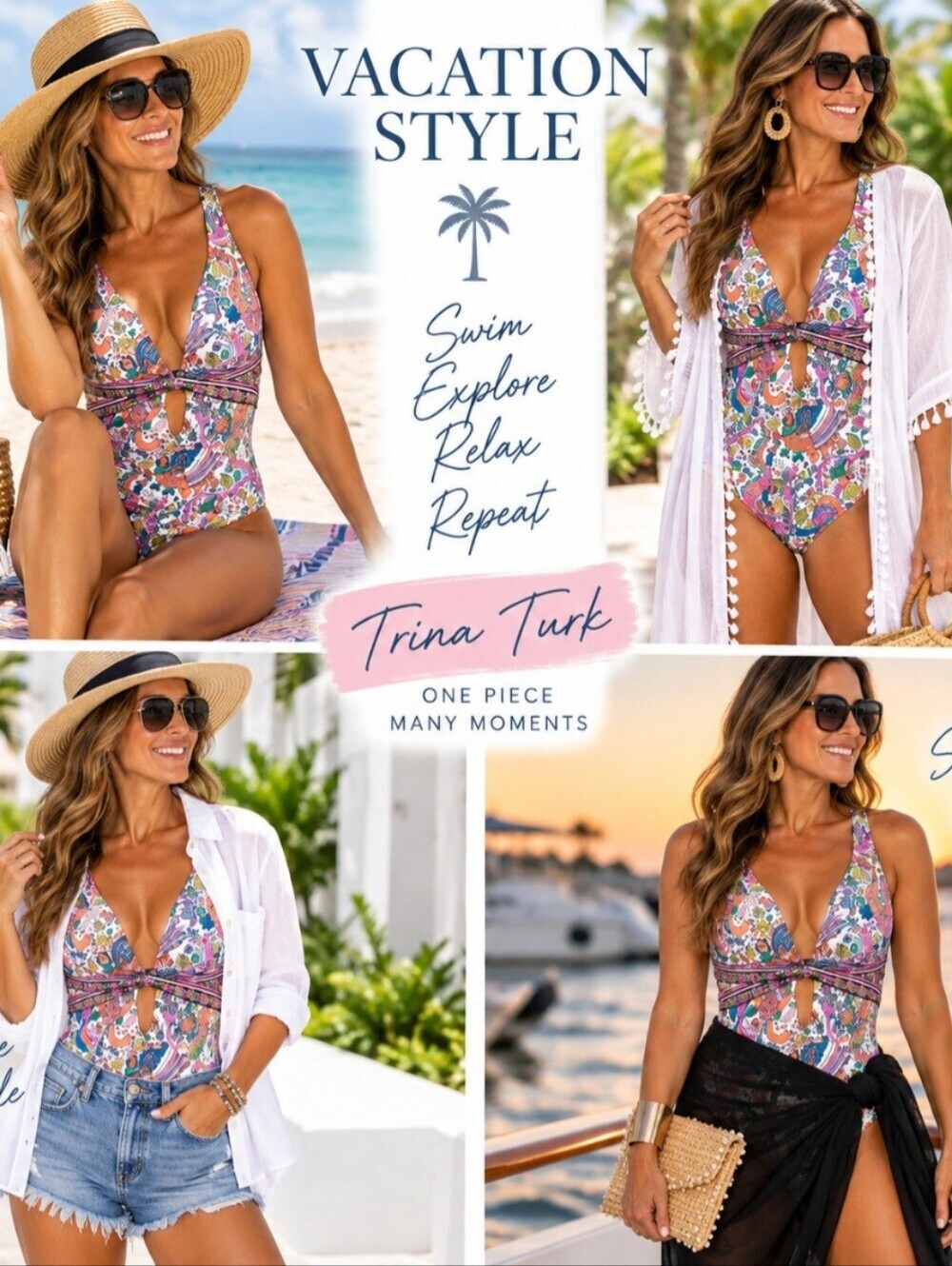 Trina Turk women's swimsuit jungle beach cross back one piece Size 12 Designer